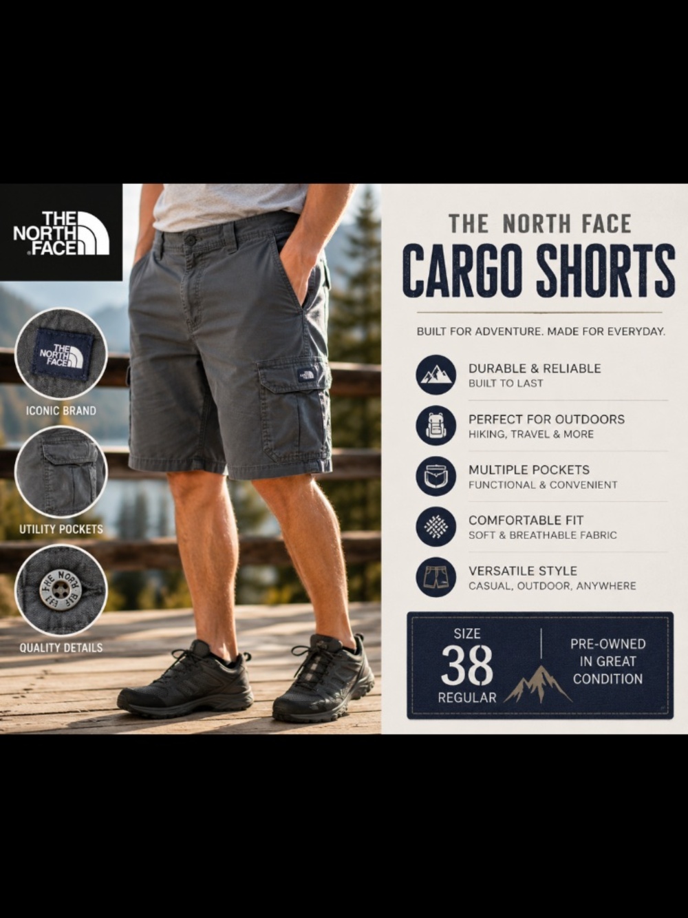 The North Face Cargo Shorts Gray Men’s Size 38 Outdoor Utility Hiking